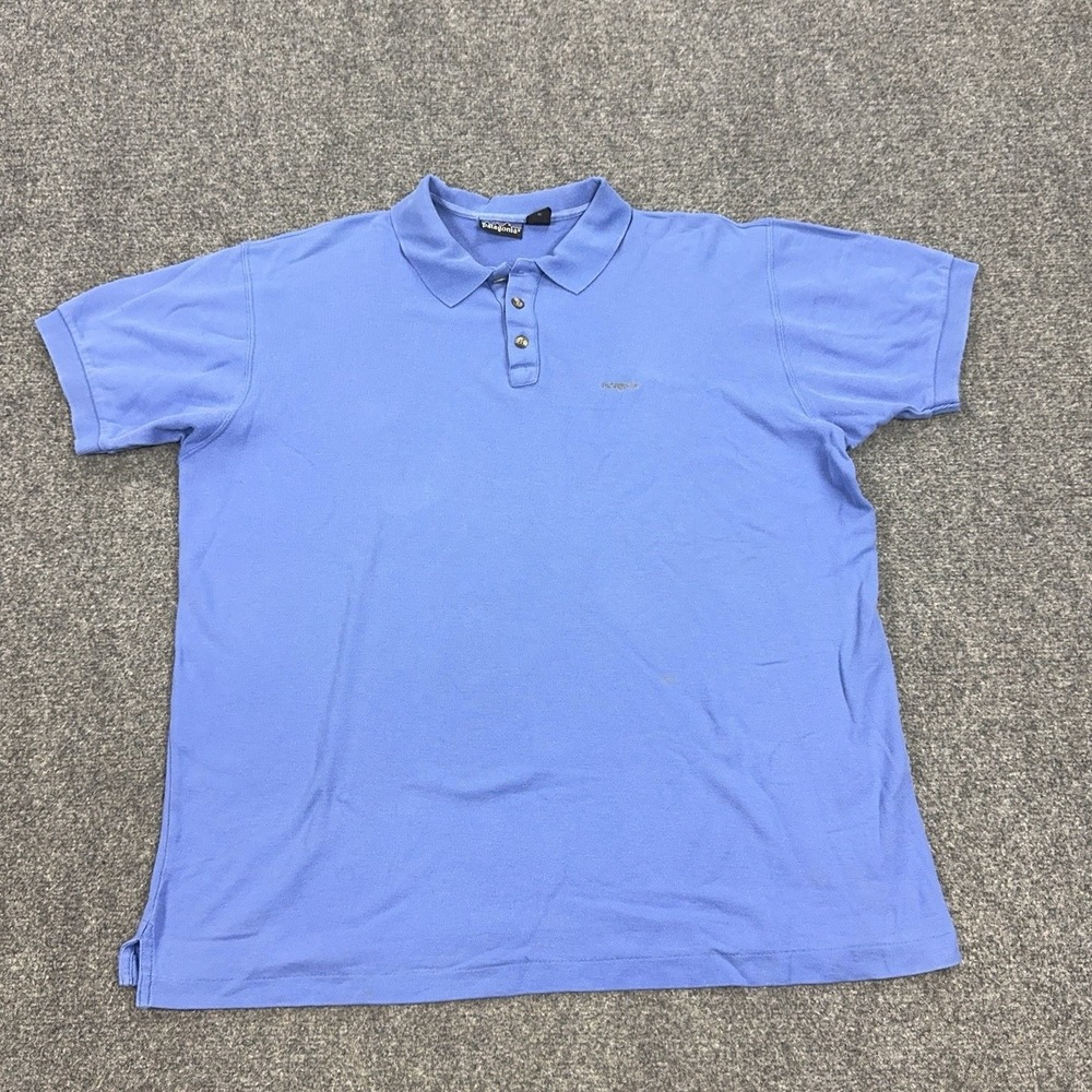 VTG Patagonia Polo Shirt Mens XL Blue 100% Cotton Knit Casual Logo Short Sleeve